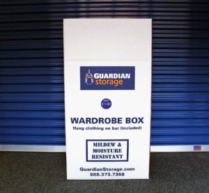 Use a Wardrobe Box to store your clothes in your storage unit. You can purchase this one at any of our Guardian Storage Locations