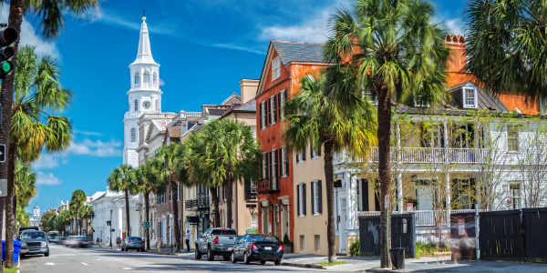 Charleston, South Carolina typically experiences temperatures between 56 and 76 degrees year-round.