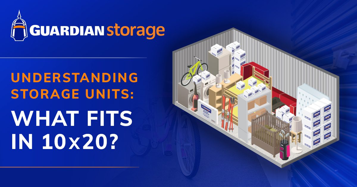 Organized 10x20 storage unit with furniture, boxes, and household items neatly arranged