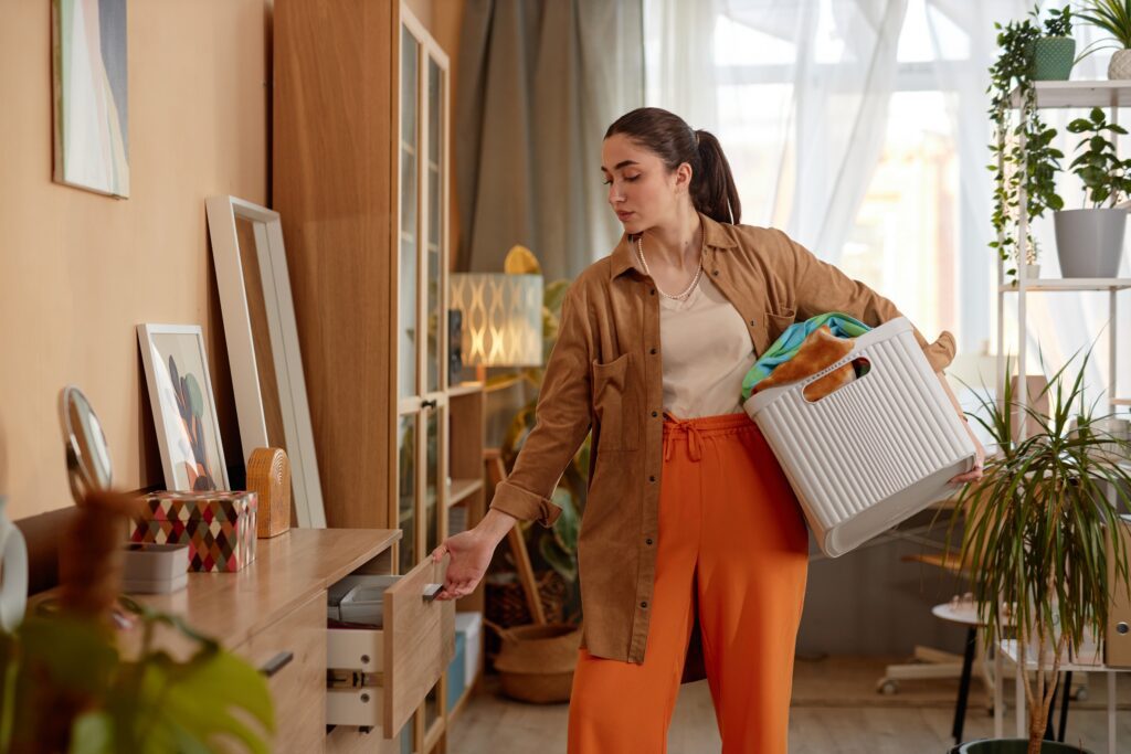 Guardian Storage home organization flow showing a family home with clear walking paths, organized storage, and uncluttered living spaces