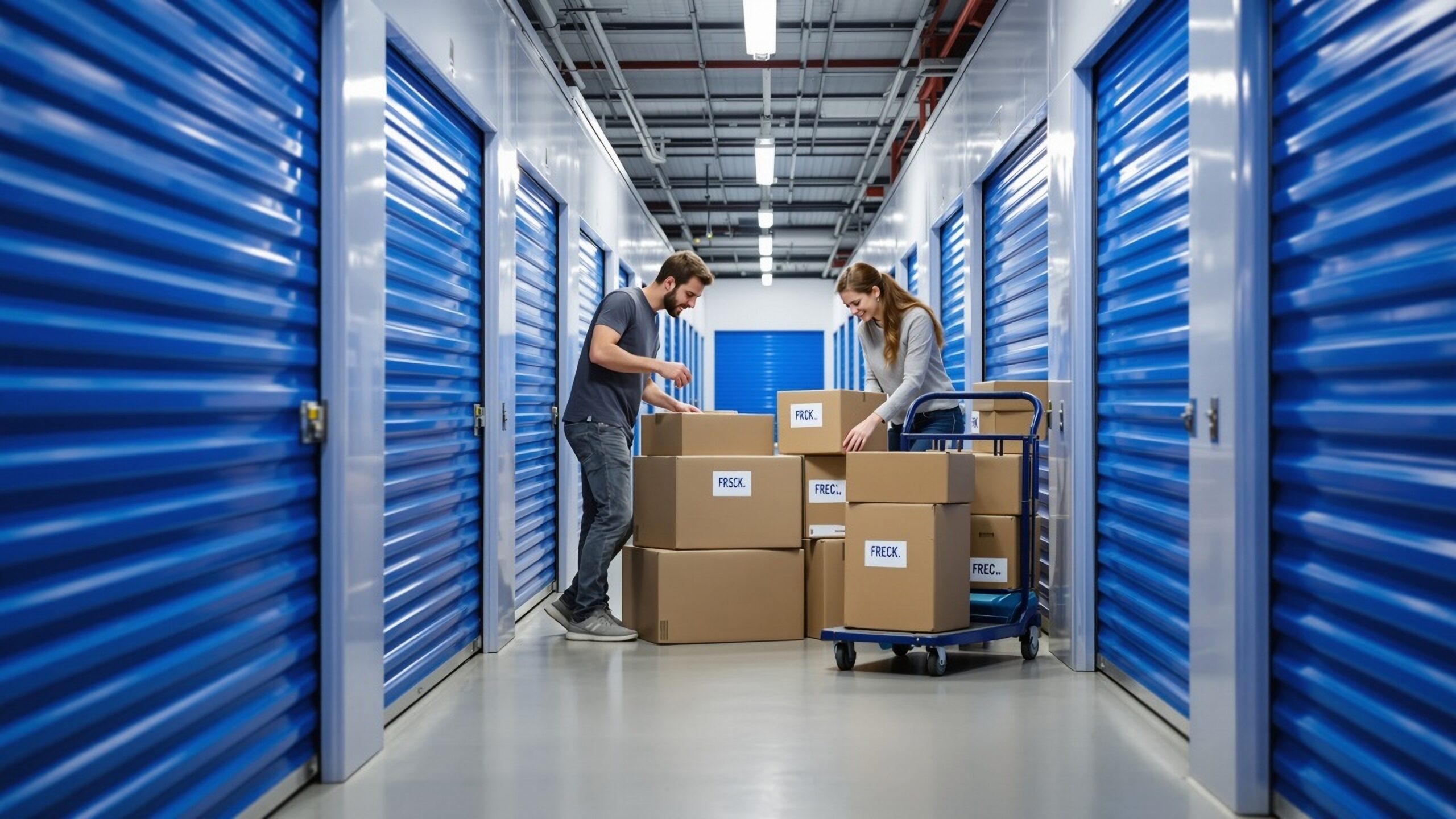 First time storage renter organizing boxes inside a Guardian Storage unit with bright blue roll-up doors and clean hallway