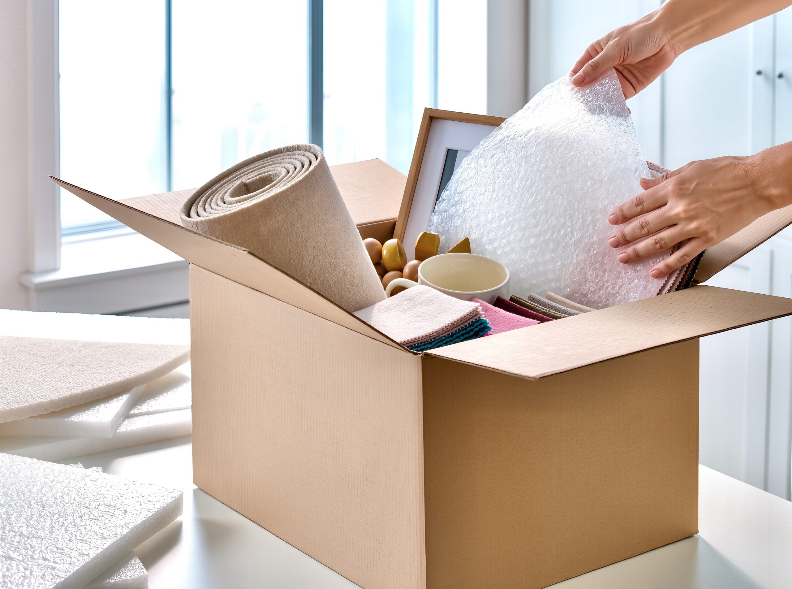 A person's hands carefully placing bubble wrap over household items inside a cardboard box. This image depicts the process of packing belongings, moving to a new home, decluttering, or relocation. Bright, minimalist interior setting, conveying a sense of organization and transition. household items in a cardboard box for moving house. High quality photo